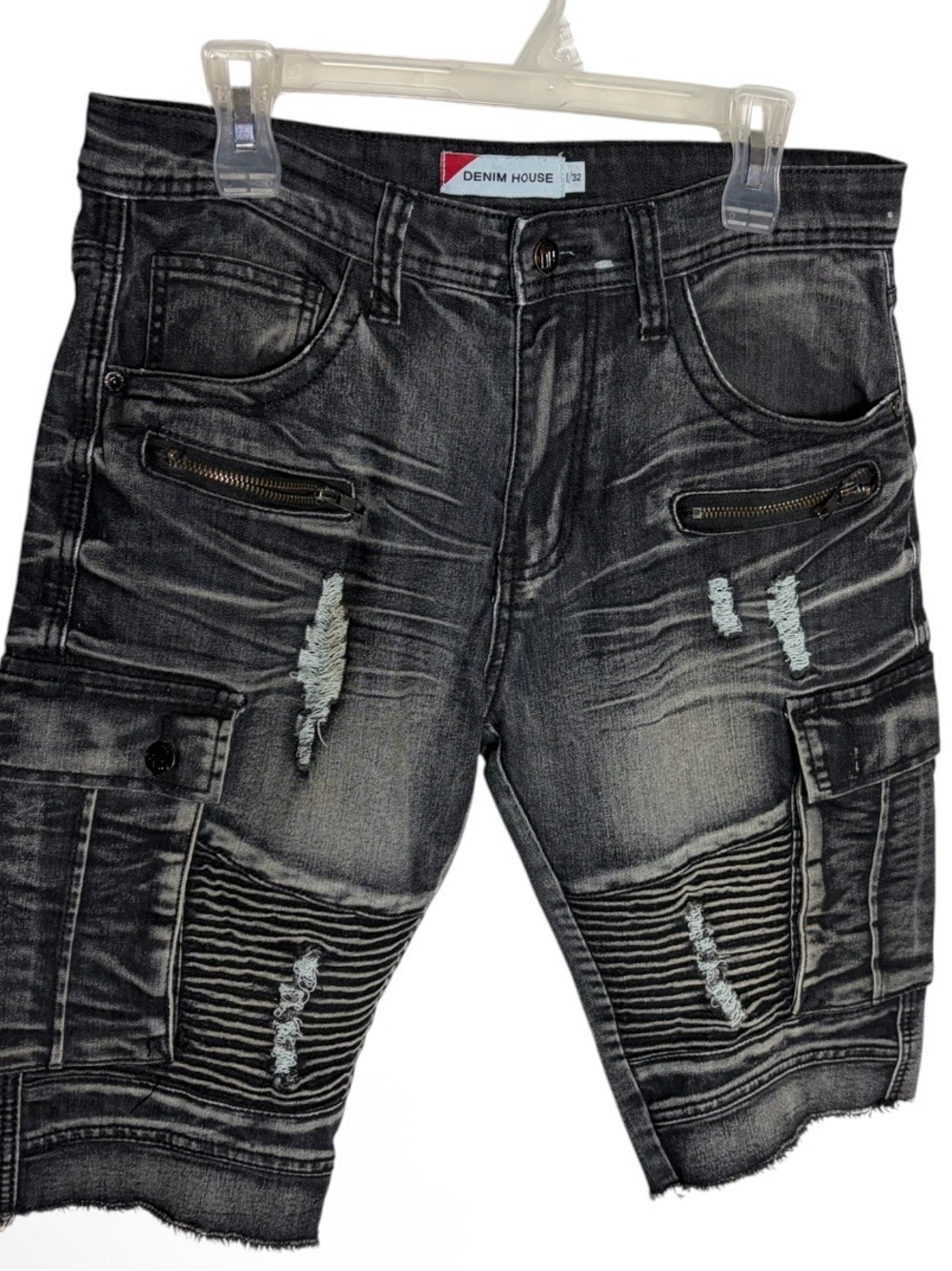 Gray acid wash distressed frayed hem denim shorts with cargo pockets size 32
